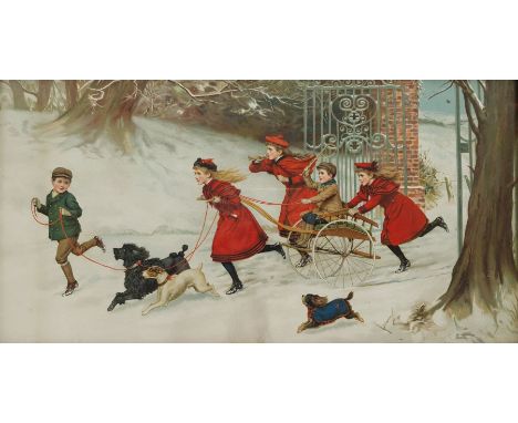 After Charles Trevor Garland (British 1855-1906): Playing with a Cart in the Snow, Edwardian chromolithograph 32cm x 60cm