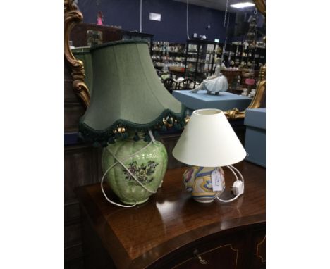 CLARICE CLIFF CERAMIC TABLE LAMP, with shade, 32cm high overall, along with another ceramic table lamp, with floral decoratio