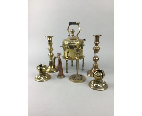 PAIR OF BRASS CANDLESTICKS, along with other brass ware, including a kettle and a miniature bugle