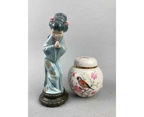 LLADRO FIGURE OF A JAPANESE GIRL, 27cm high, along with an Arthur Wood ginger jar and cover, a J&amp;W ceramic jug, onyx figu