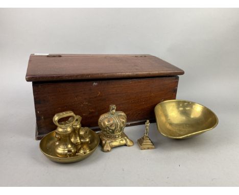 MAHOGANY STATIONARY BOX, 40cm wide, along with postal scales, weights, other brass ware and two wall clocks