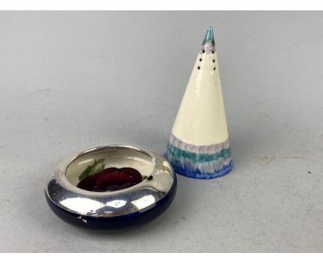 MOORCROFT ASH DISH, with silver rim, 11cm diameter, aloing with a conical sugar caster in the manner of Clarice Cliff, 14cm h