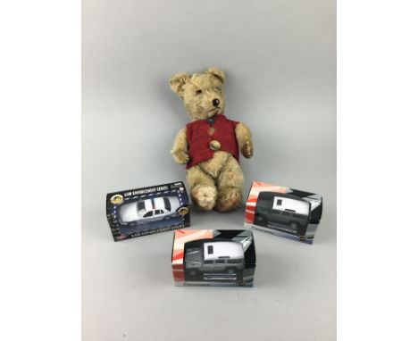 VINTAGE TEDDY BEAR, along with a group of various boxed die-cast vehicles