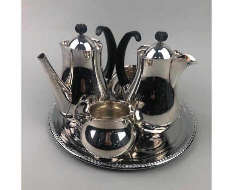 MAPPIN &amp; WEBB SILVER PLATED FOUR PIECE TEA SERVICE, along with a silver plated tray