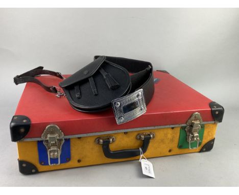 VINTAGE MULTICOLOURED SUITCASE, along with a sporran and belt