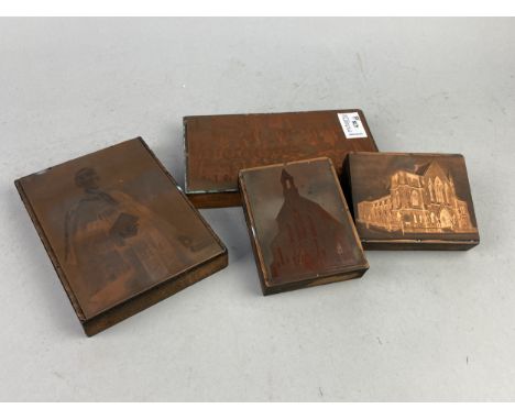 COLLECTION OF COPPER PRINTING PLATES, with various images including architectural, portrait and groups