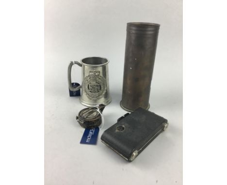 WWII PRISMATIC COMPASS, along with a WWI brass shell case, Q. E. II Royal Engineers pewter tankard and a Six-20 Kodak Junior 