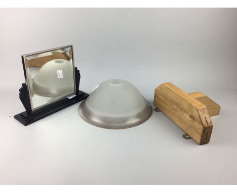 ART DECO STYLE DRESSING MIRROR, 30cm wide, along with an oak wall bracket and an opague glass light shade, 29cm diameter (3)