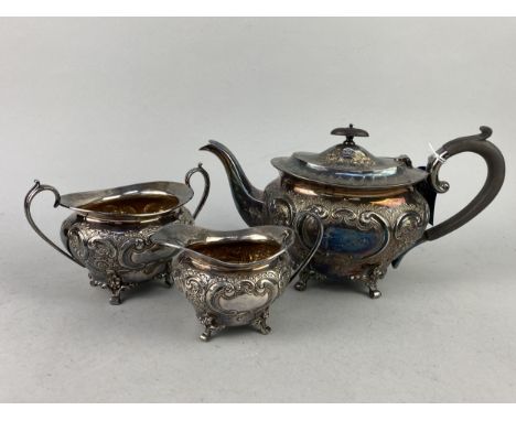 SILVER PLATED THREE PIECE OVAL TEA SERVICE, along with a silver plated fish knife and fork (5)