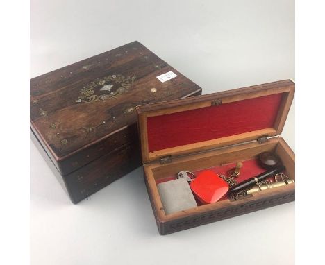 VICTORIAN ROSEWOOD CASKET, 30cm wide, along with an Eastern carved teak glove box, a Swan Leverless fountain pen with gold ni