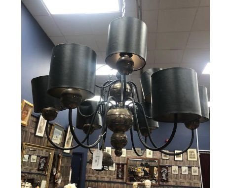BRASS AND IRON NINE BRANCH CEILING LIGHT