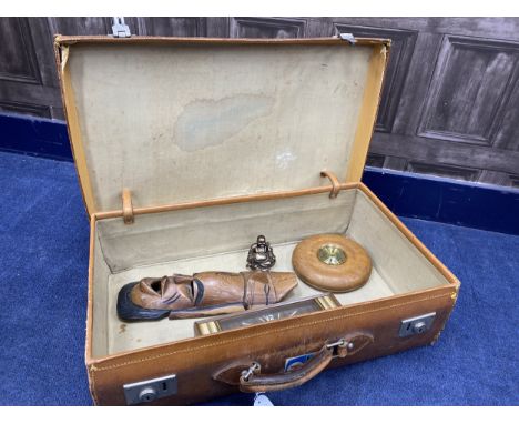 VINTAGE SUITCASE, containing a wheel barometer, vintage mantle clock, wall mask and other wood items