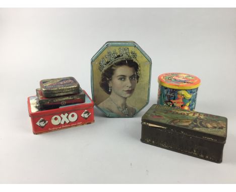 VINTAGE HIGHNETTS PILOT FLAKETIN, 15cm wide, containing stamps and ephemera, along with five other vinatge tins