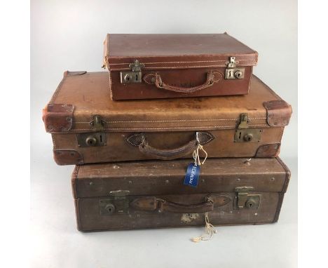 VINTAGE LEATHER SUITCASE, 66cm wide, along with two others (3)
