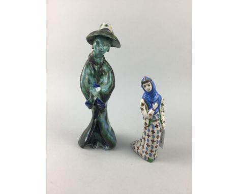 STUDIO POTTERY FIGURE OF A FEMALE, 33cm high, along with a ceramic figure of a female and five ginger jars with covers