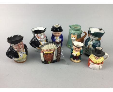 ROYAL DOULTON 'NORTH AMERICAN INDIAN' JUG, 11cm high, D 6614, along with other ceramic character jugs and three pairs of cand