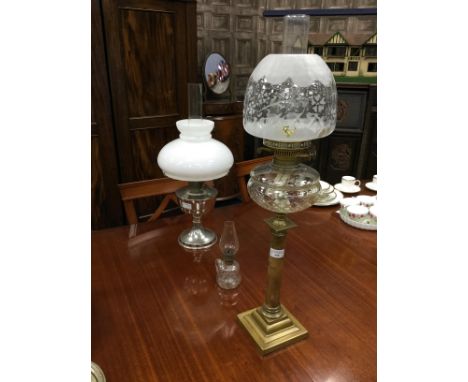 VICTORIAN BRASS AND MARBLE OIL LAMP, with funnel, shade and reservoir, 75cm high overall, along with another oil chrome lamp 