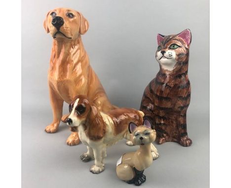 PRICE KENSINGTON CERAMIC FIGURE OF A CAT, 30cm high, along with a ceramic figure of a Labrador, a Wade figure of a cat and ce