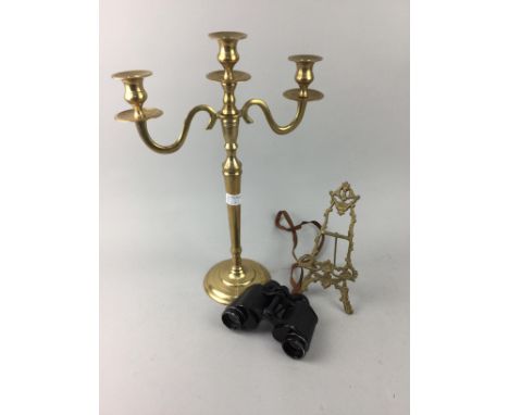 VINTAGE BRASS FLOOR STANDING LAMP, along with a candelabrum, a small picture easel, binoculars and other brass ware
