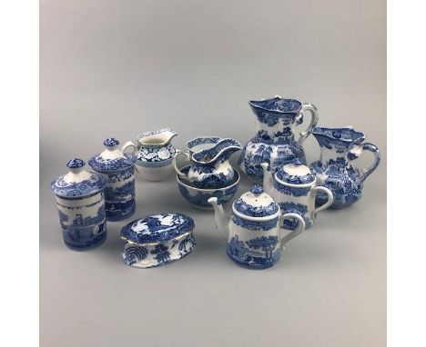 LOT OF BLUE AND WHITE CERAMICS, including jugs, bowls and plates, including Spode and Masons examples