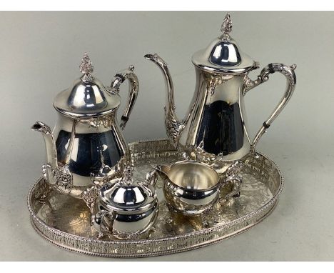 SILVER PLATED FOUR PIECE TEA SERVICE, along with a silver plated oval tray