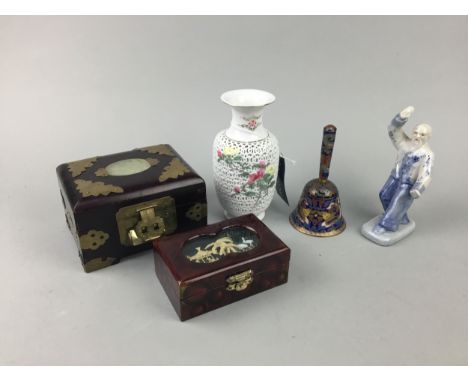 20TH CENTURY JAPANESE PORCELAIN RETICULATED VASE, 15cm high, along with a ceramic figure, cloisonne hand bell and two caskets