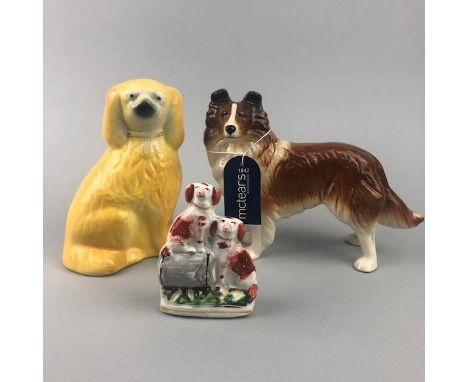 CERAMIC FIGURE OF A COLLIE, 16cm high, along with other ceramic figures of dogs, including wally dogs (8)
