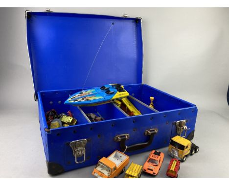 COLLECTION OF MODEL VEHICLES, including Corgi and Matchbox, contained in a vintage suitcase and a First Aid tin