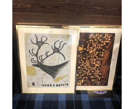 TWO COLOURED LITHOGRAPHS, one depicting a stags head against a mottled background and the other Aboriginal style figures, bot