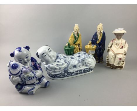 LOT OF FIVE MODERN CHINESE CERAMIC FIGURES, including two of elderly gentlemen, the tallest figure 23cm high