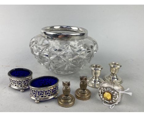 SILVER NAPKIN RING, along with open two salt dishes with blue liners, two silver candle holders, in fitted case and two white