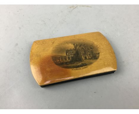 MAUCHLINE WARE WALLET, each side with oval architectural scenes, illustrating Melrose Abbey and Abbotsford