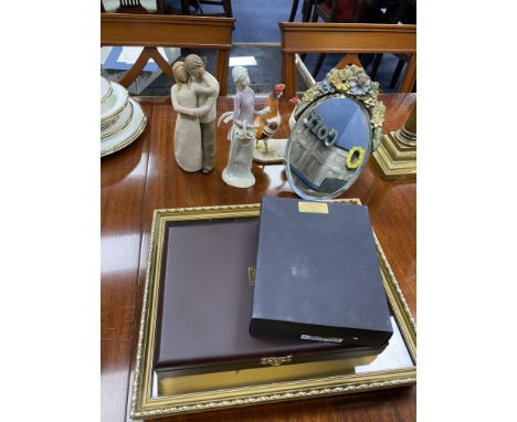 BARBOLA STYLE OVAL TABLE MIRROR, along with other items including a ceramic figure of a lady, figure group of two birds, carv