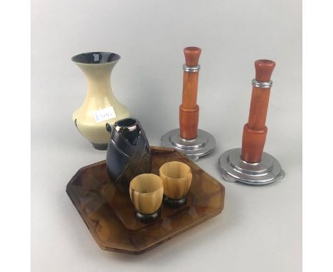 PAIR OF RETRO CANDLESTICKS, 20cm high, along with a decorative glass vase, two coloured glass plates, a pair of egg cups and 