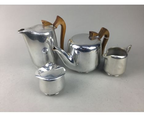 PICQUOT WARE FOUR PIECE TEA SERVICE, with pot stand, along with a set of plated coffee bean spoons and a set of four plated s