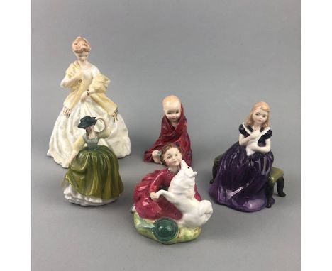 ROYAL WORCESTER FIGURE OF 'FIRST DANCE', 18cm high, along with four Royal Doulton figures including, 'Buttercup', HN 3268, 'T
