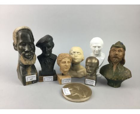 AFRICAN NATIVE CARVED SOAPSTONE BUST, along with a group of ceramic and composition busts of historical figures