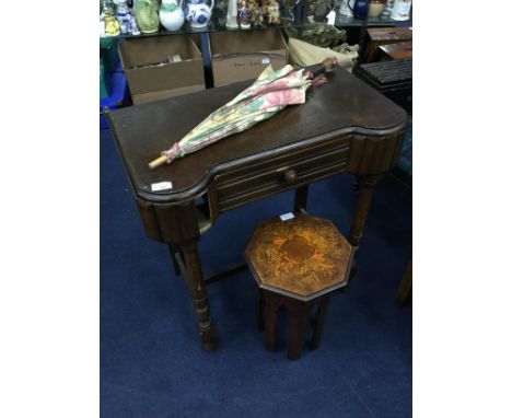 MAHOGANY HALL TABLE, 70cm wide, 70cm high, along with a vintage ladies parasol and an inlaid octagonal occasional table (3)