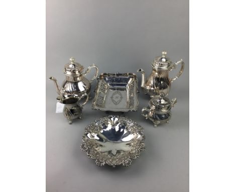 SILVER PLATED TEA/COFFEE SERVICE, along with a basket and a comport