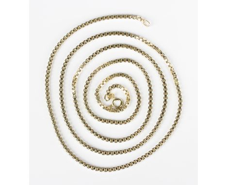 A gold box link neckchain on a boltring clasp, detailed '585', weight 20.2g, length 91cm.Buyer’s Premium 29.4% (including VAT