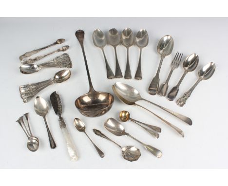 A George III silver Hanoverian pattern soup ladle, Newcastle 1769 by John Langlands I, length 35cm, a set of four silver Hano