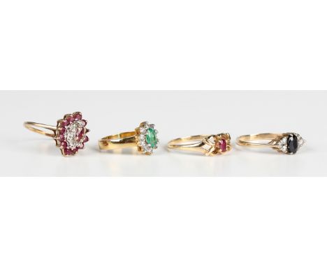 A 9ct gold, ruby and diamond cluster ring, ring size approx P (one ruby lacking), a 9ct gold, sapphire and colourless gem set