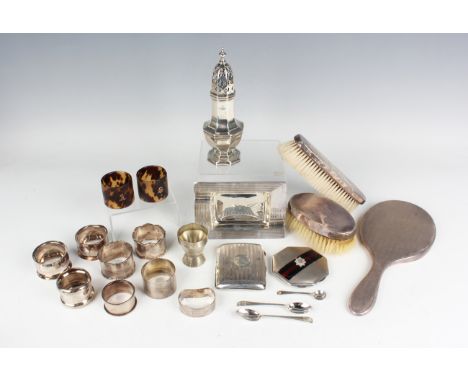 A group of silver items, including a sugar caster, Birmingham 1911, a three-piece condiment set, comprising mustard, pepper c