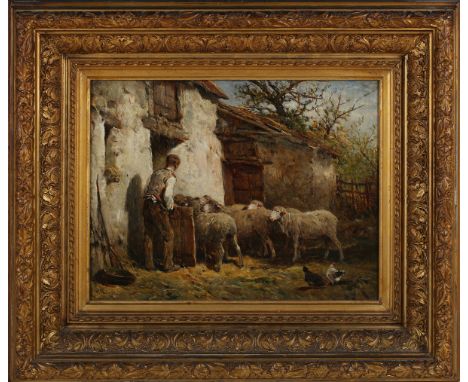 Franck Brissot - Rustic Scene with Farmer, Sheep and Chickens, late 19th/early 20th century oil on board, signed, 25.5cm x 33