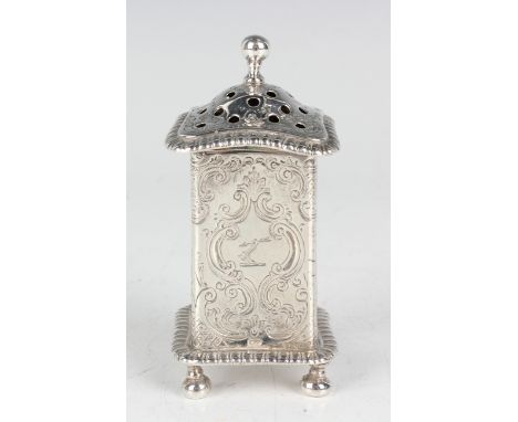 A George III silver pounce pot of square form with pierced cover, engraved with a crest opposing a basket of flowers and 'C' 