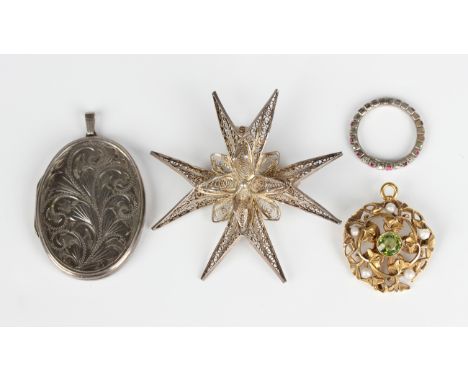 An Art Nouveau gold, peridot and seed pearl pendant brooch in a foliate design, unmarked, weight 6g, a filigree pendant brooc