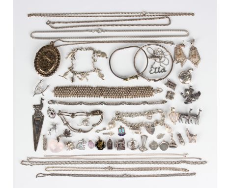 A group of mostly silver jewellery, comprising two charm bracelets, three further bracelets, two bangles, a bookmark with a l