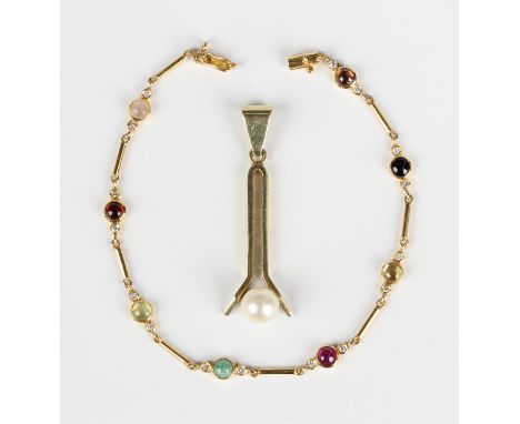 A gold, diamond and varicoloured gemstone bracelet with bar links, on a cylindrical clasp, unmarked, weight 3g, length 17.5cm