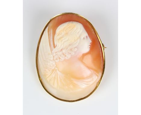 A gold mounted oval shell cameo brooch, carved as a portrait of an angel, fitted with a safety chain, unmarked, weight 23.3g,