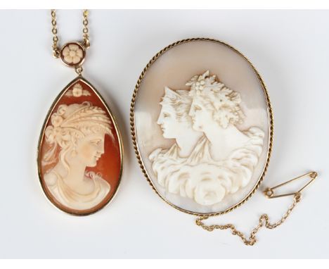 An Italian gold and shell cameo pendant necklace, the front mounted with a drop shaped shell cameo, carved as a portrait of a
